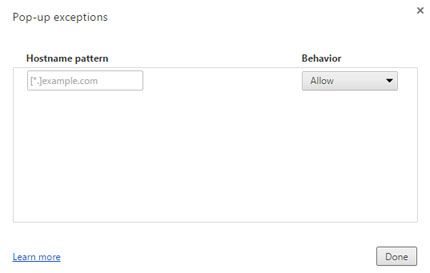 The Pop-up Exceptions settings panel in the Chrome web browser