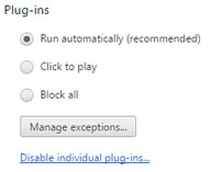 The Plug-ins settings panel in the Chrome web browser