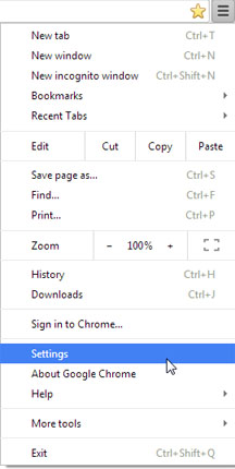 Selecting the Settings option from the Tools menu in the Chrome web browser