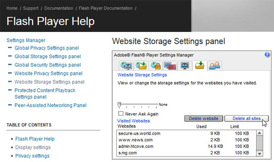 The Macromedia Flash Player Help window displaying the Website Storage Settings panel options