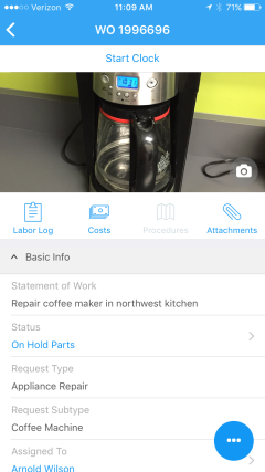 The Start Clock page, as it appears on the 360Facility Mobile App, which allows you to start the labor entry clock