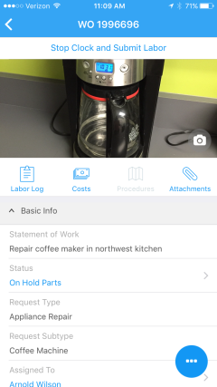 The Start Clock page, as it appears on the 360Facility Mobile App, which allows you to stop the labor entry clock and submit a labor entry