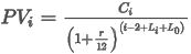 The present value of period i is equal to the cash flow of period i divided by one plus the annual interest rate divided by the number of periods annually (in this case twelve) raised to the power of the period number minus two plus the initial period length and plus the i's payment period length.