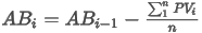 The asset balance of a finance lease for period i equals the asset balance of the previous period minus the the sum of the present values divided by the number of periods n.