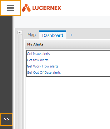 A screen shot of the Dashboard, with the Hamburger and Arrows buttons boxed in orange to make them more visible.