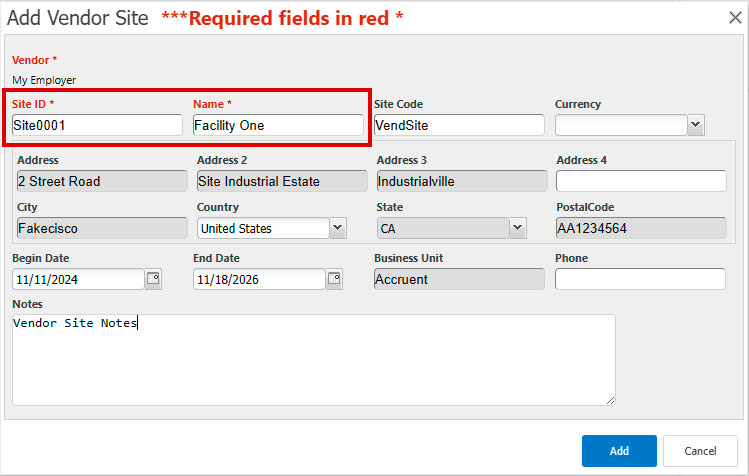 Add Vendor Site Dialog Completed