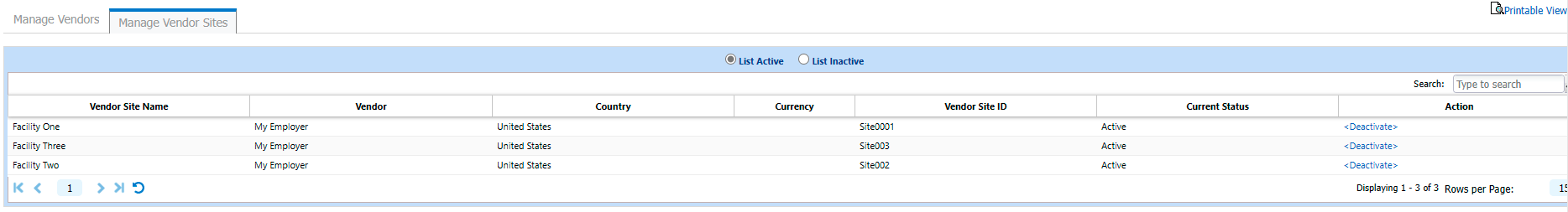 Manage Vendor Sites page