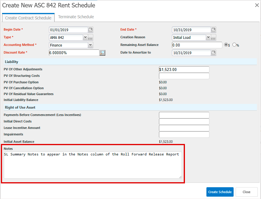 Create Rent Schedule dialog with notes field highlighted