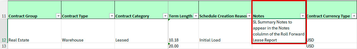 Roll Forward Lease Report with the new Notes field highlighted