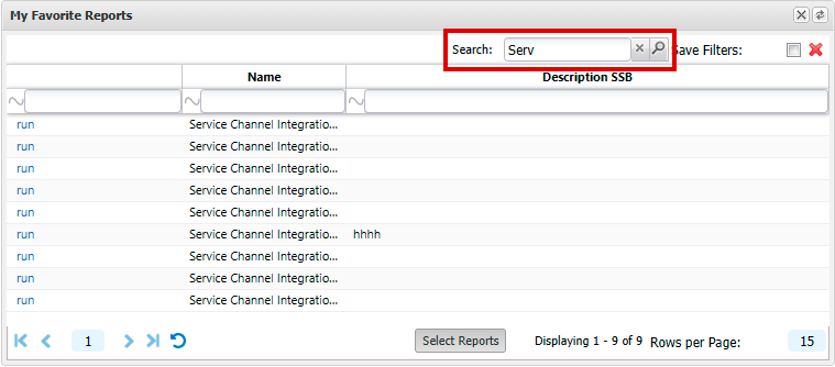 Search box highlighted on the My Reports Widget