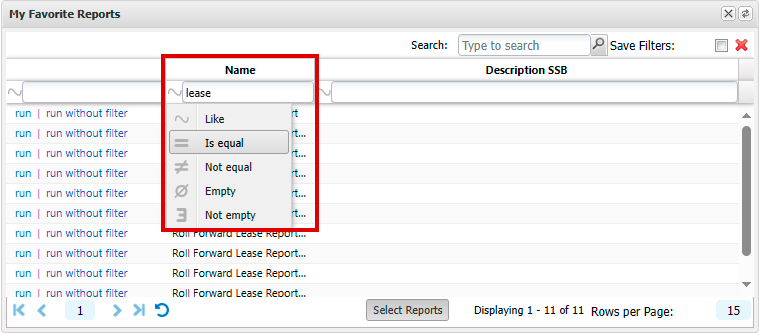Name field with filter button clicked and criteria options displayed
