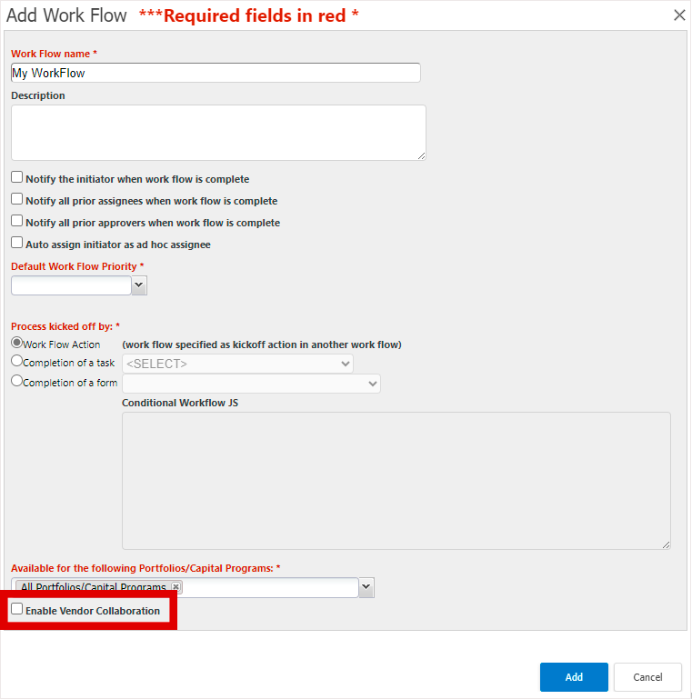 Add Work Flow dialog with Enable Vendor Collaboration highlighted.