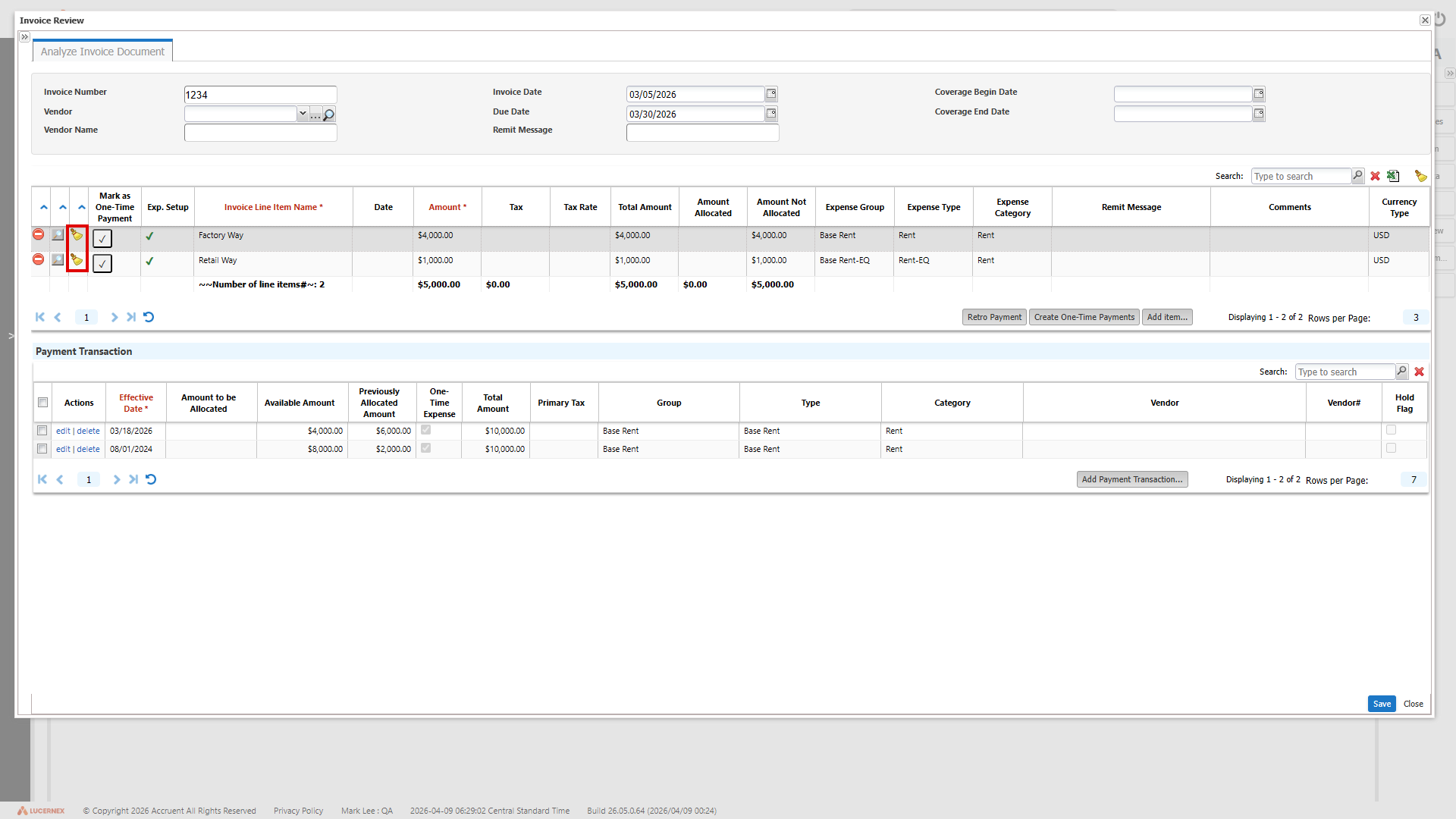 Invoice review dialog