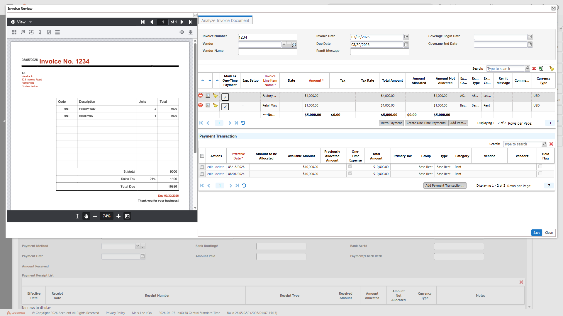 Invoice review dialog