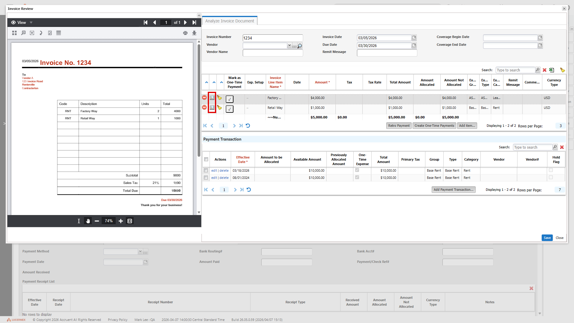 Invoice review dialog