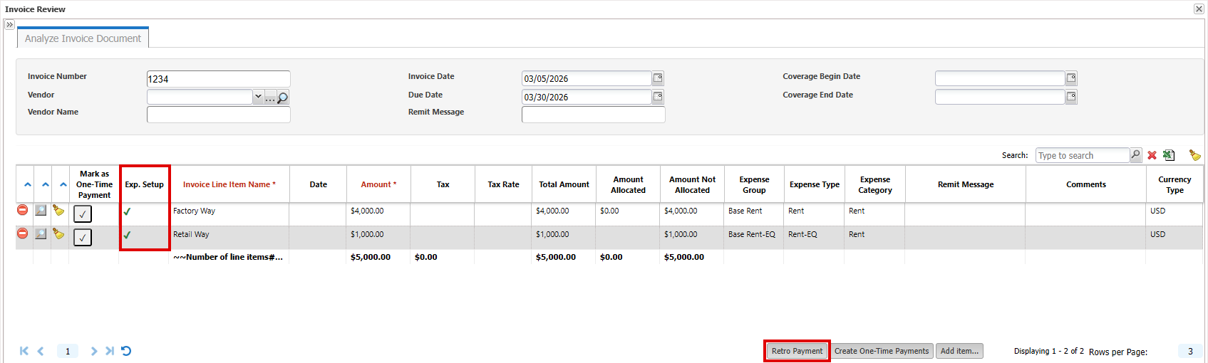 Exp. Setup column and retro payment button in Invoice Review dialog