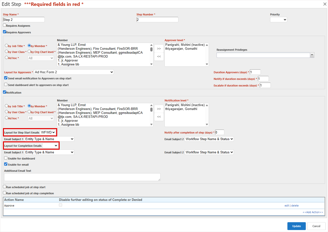 Layout for step start and step completion emails highlighted on the Edit Step dialog