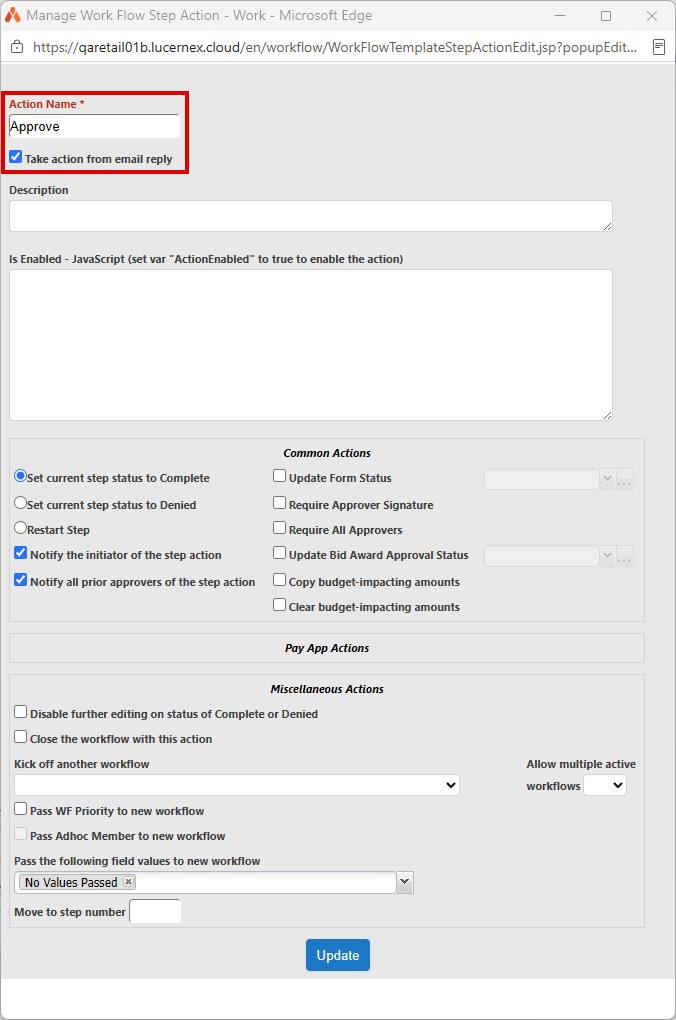 Take action from email reply option in Manage Work Flow Step Action window