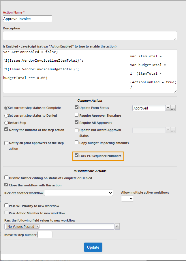 Loc PO Sequence Number check box highlighted on Work Flow Action step