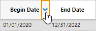 The user is hovering their cursor over the Begin Date column, and a down arrow has appeared on the column header.