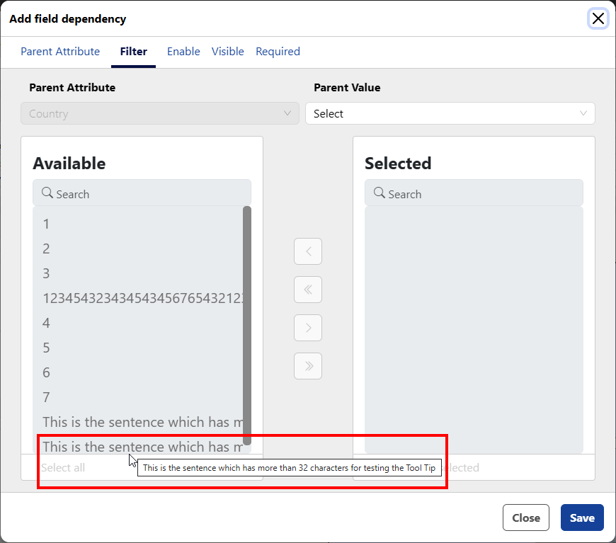 Add field dependency with cursor hovering over long text and tooltip displaying full text.