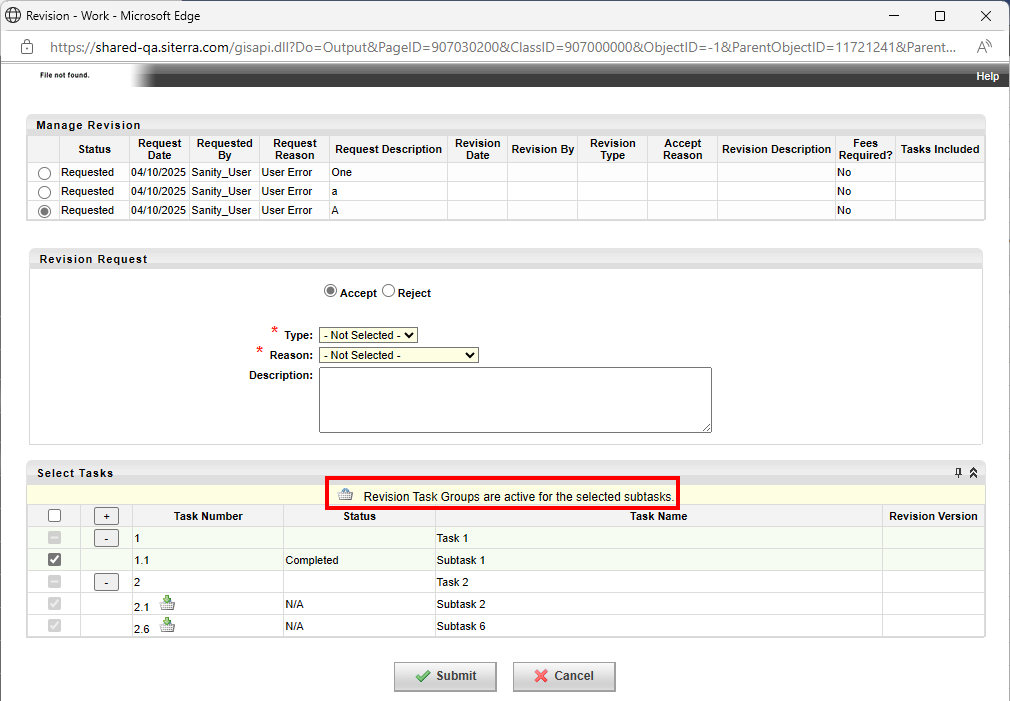 Manage revision page with selected task that has a revision task group and other tasks in that group automatically selected